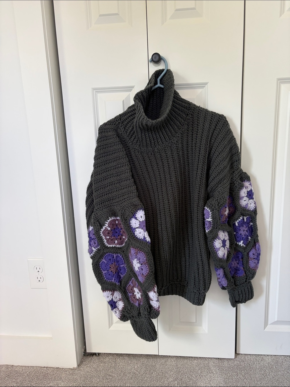 Hand crocheted Turtleneck Sweater with Purple Floral Crochet Sleeves